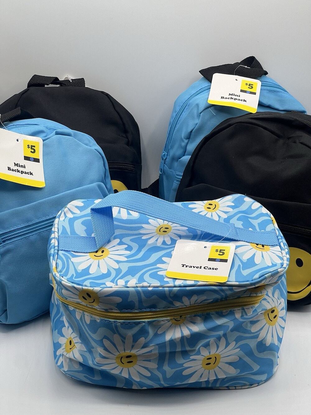 Mini Backpacks & Travel Case Set Smiley Face Blue Daisy Retro 90s Style #G06